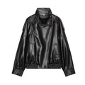 Women's black relaxed stand-collar faux leather jacket, front view