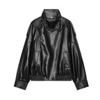 Women's black relaxed stand-collar faux leather jacket, front view