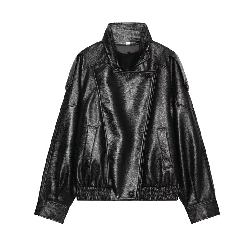 Women's black relaxed stand-collar faux leather jacket, front view