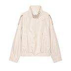 Women's apricot relaxed stand-collar faux leather jacket, front view