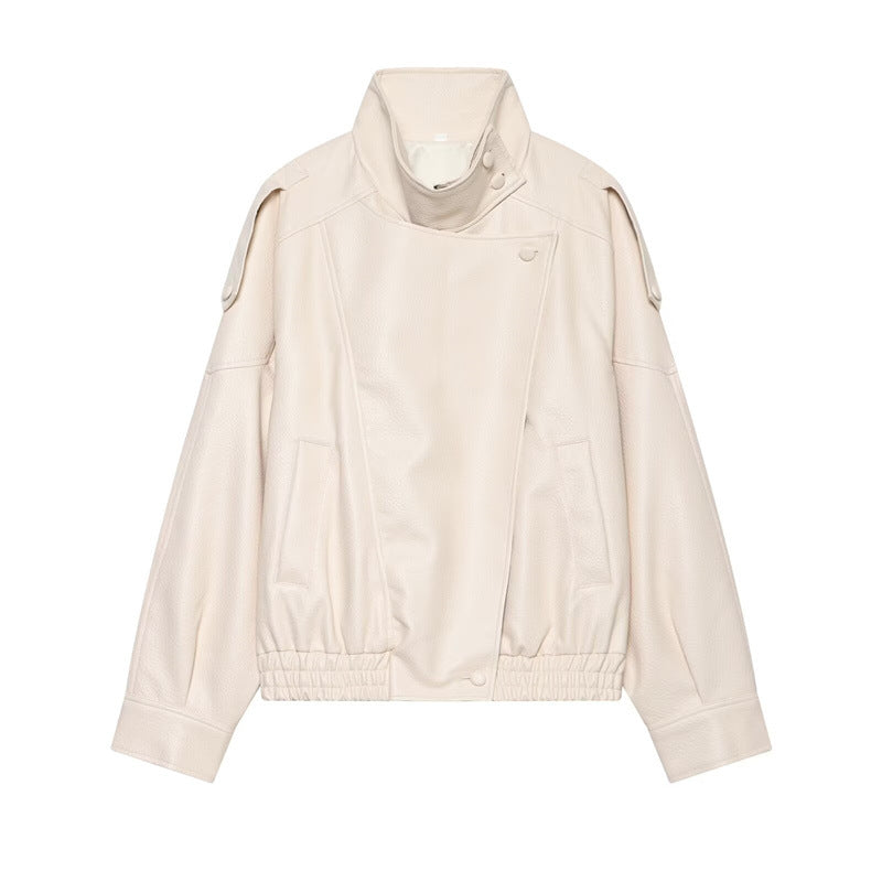Women's apricot relaxed stand-collar faux leather jacket, front view