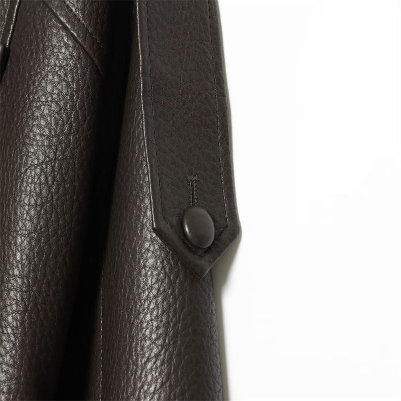 Brown faux leather jacket shoulder epaulette and snap detail