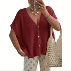 Wine Red women's relaxed V-neck button front knit cardigan
