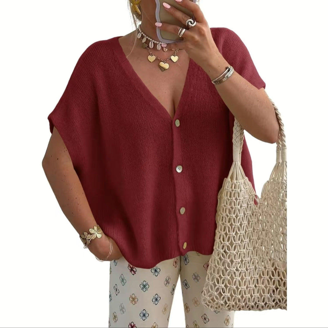 Wine Red women's relaxed V-neck button front knit cardigan