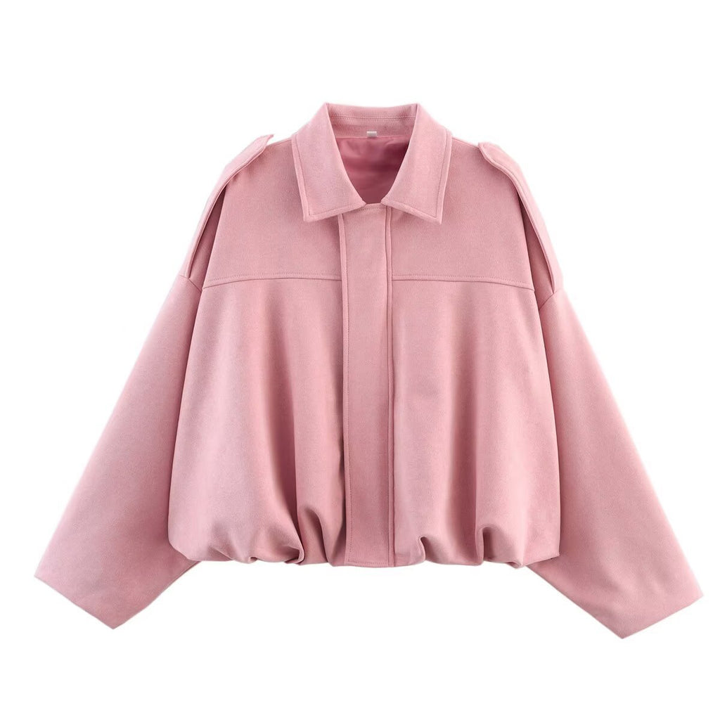 Women's dusty pink ultra-loose faux suede bomber jacket, front view