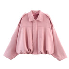 Women's dusty pink ultra-loose faux suede bomber jacket, front view
