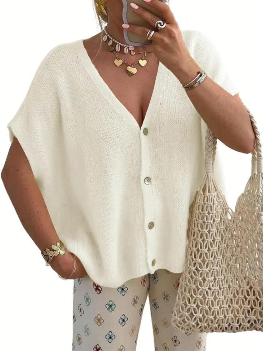White women's relaxed V-neck button front knit cardigan