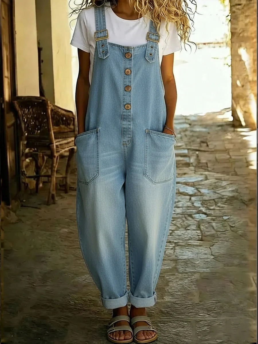Women's vintage relaxed denim bib overalls in Light Blue