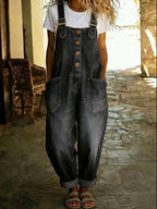 Women's vintage relaxed denim bib overalls in Black