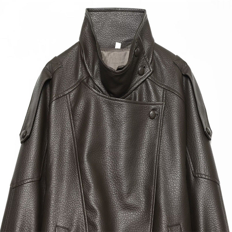 Brown faux leather jacket front construction detail