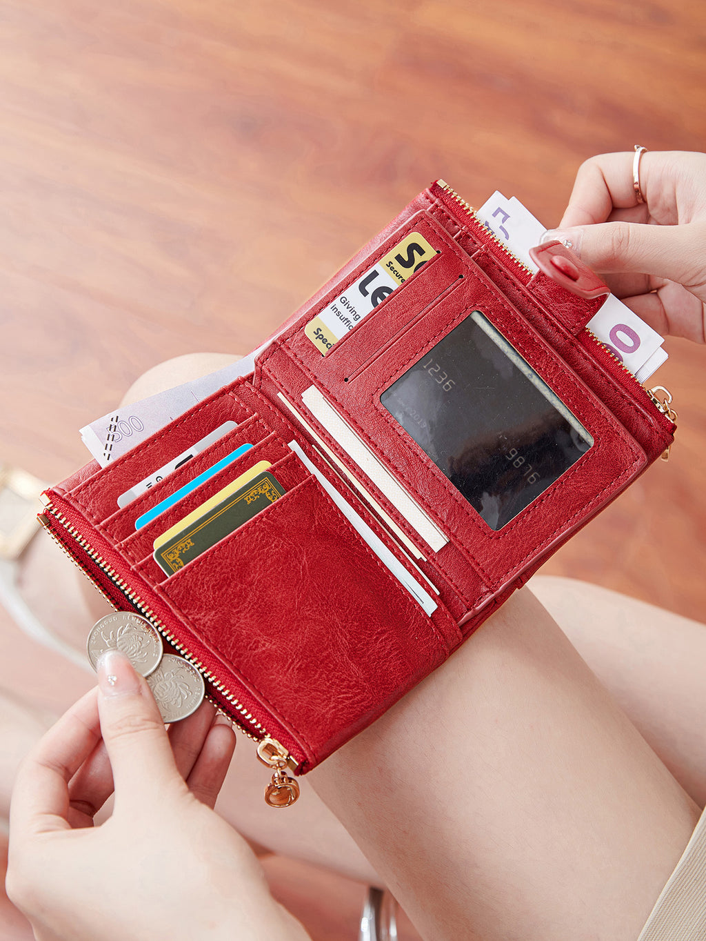 Elara Compact Tri-Fold Double-Zip Wallet - Red