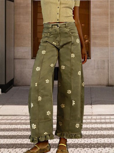 Women's vintage floral wide-leg ruffle hem jeans - product image 1
