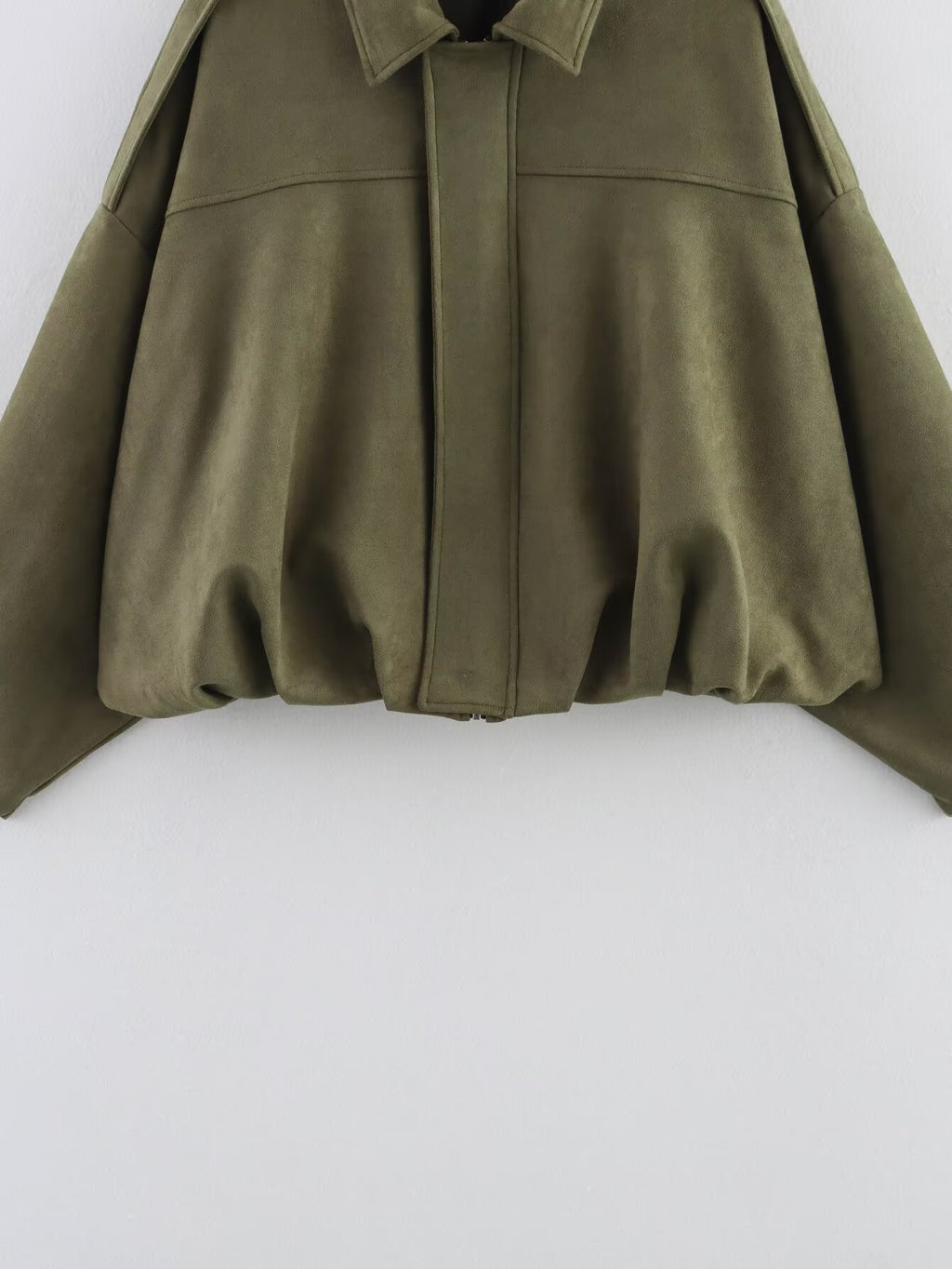 Army green faux suede bomber jacket concealed zipper and gathered hem detail