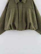 Army green faux suede bomber jacket concealed zipper and gathered hem detail