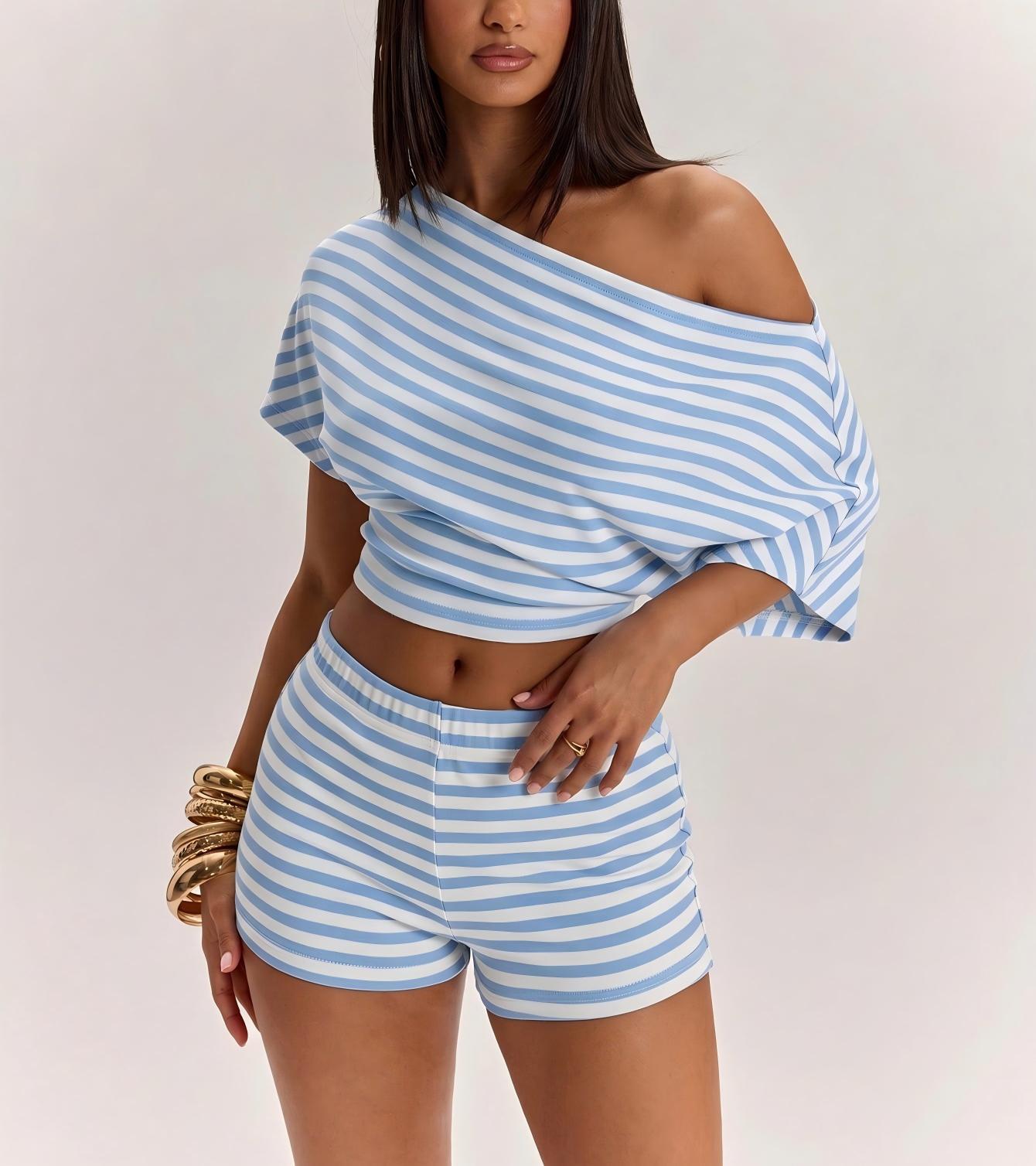 Women's Asymmetrical One-Shoulder Striped Two-Piece Shorts Set - product image 7