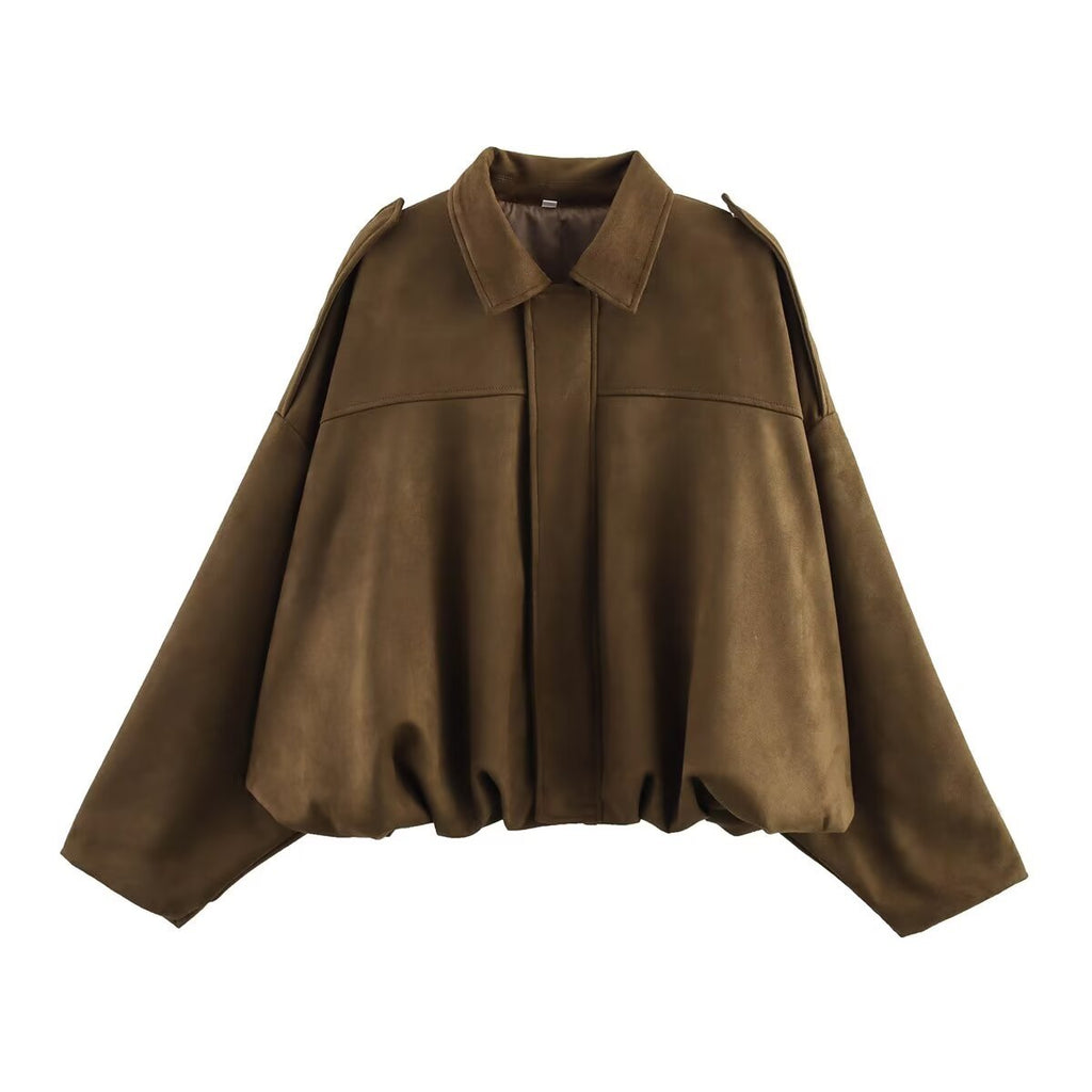 Women's brown ultra-loose faux suede bomber jacket, front view