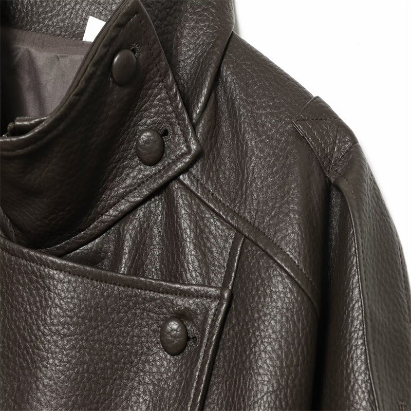 Brown faux leather jacket stand collar close-up
