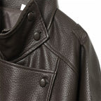 Brown faux leather jacket stand collar close-up