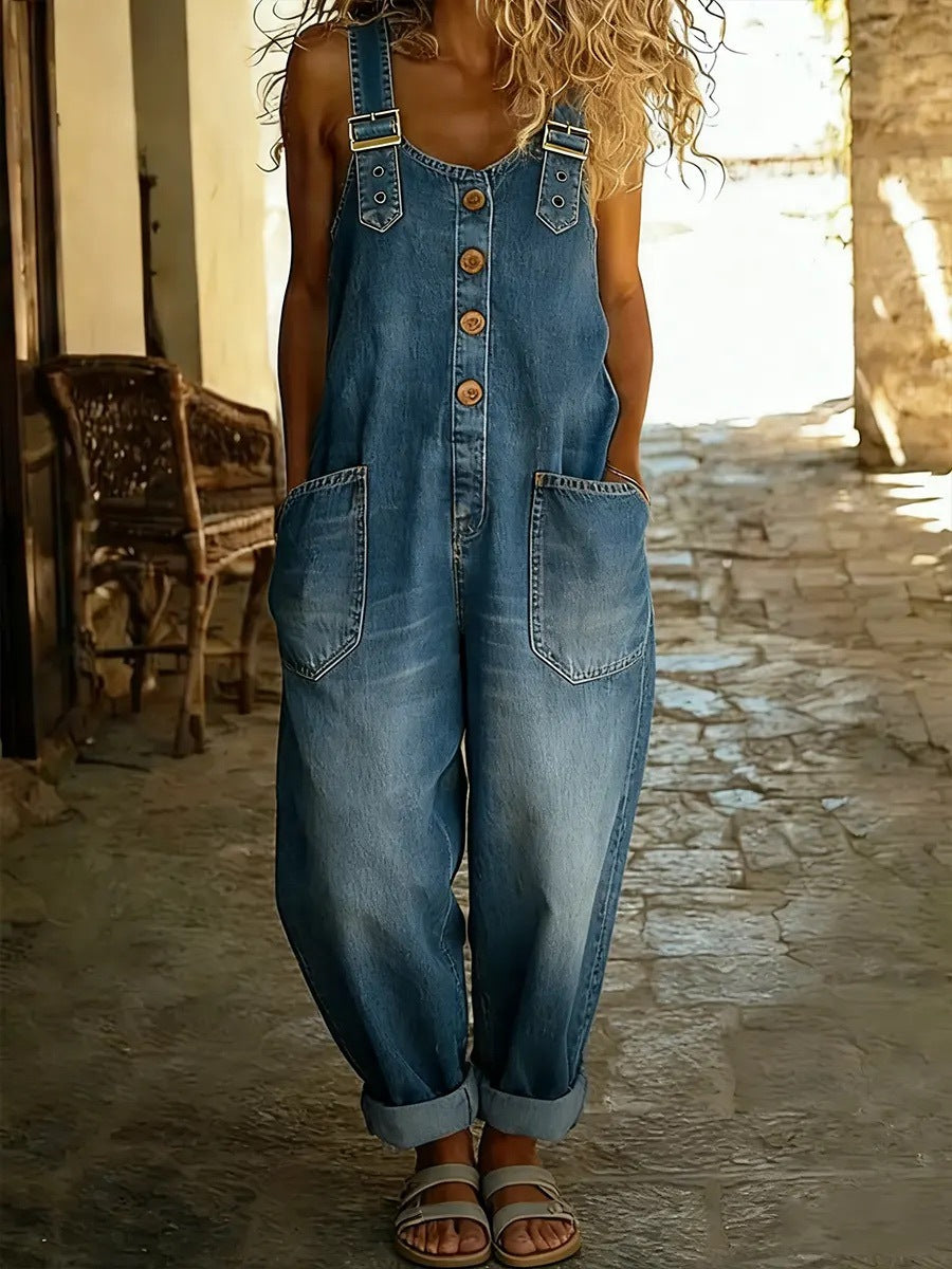 Women's vintage relaxed denim bib overalls in Blue