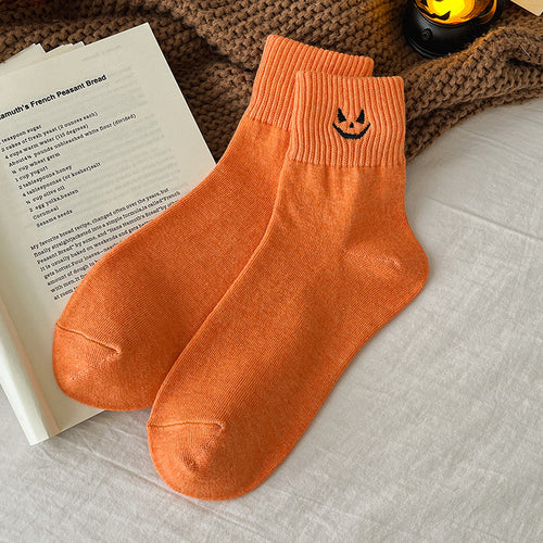 Orange pumpkin embroidered Halloween crew socks