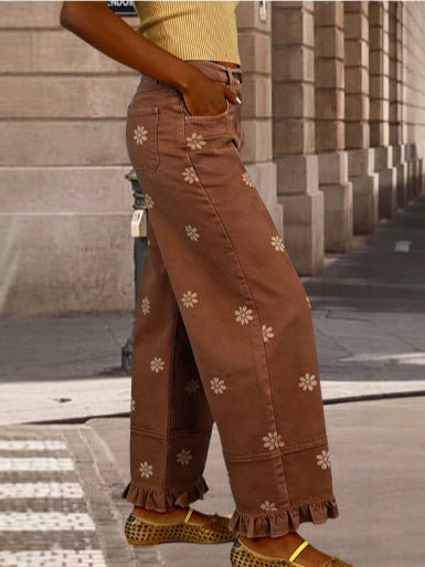 Women's vintage floral wide-leg ruffle hem jeans - product image 4