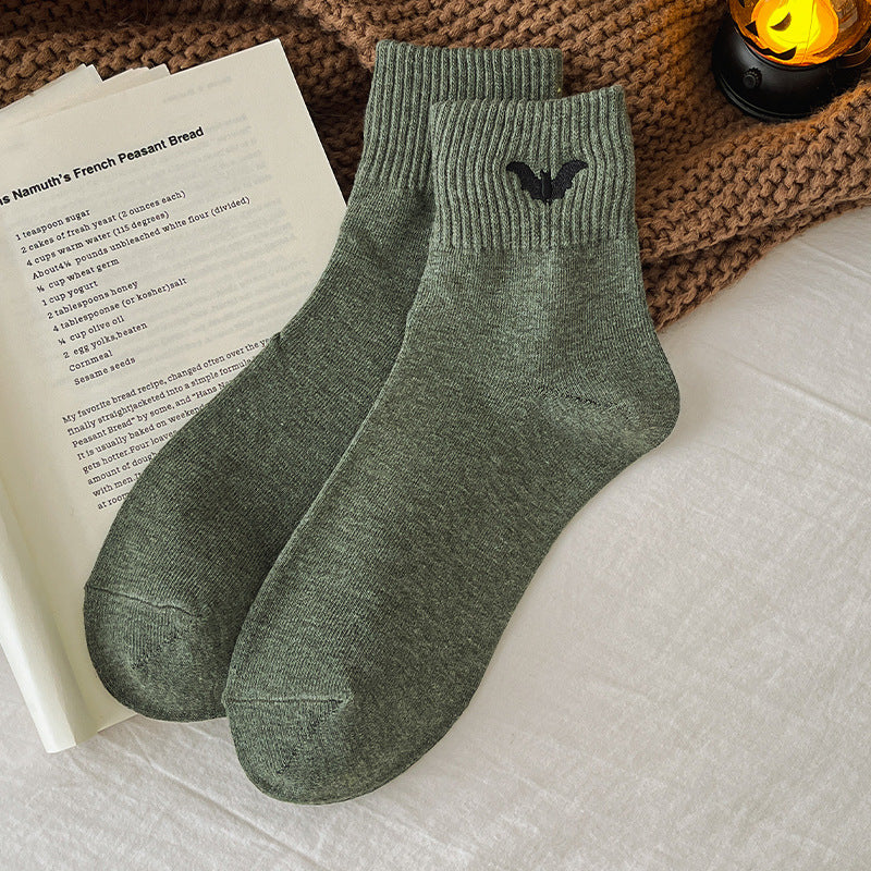 Army green bat embroidered Halloween crew socks