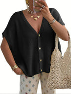 Black women's relaxed V-neck button front knit cardigan