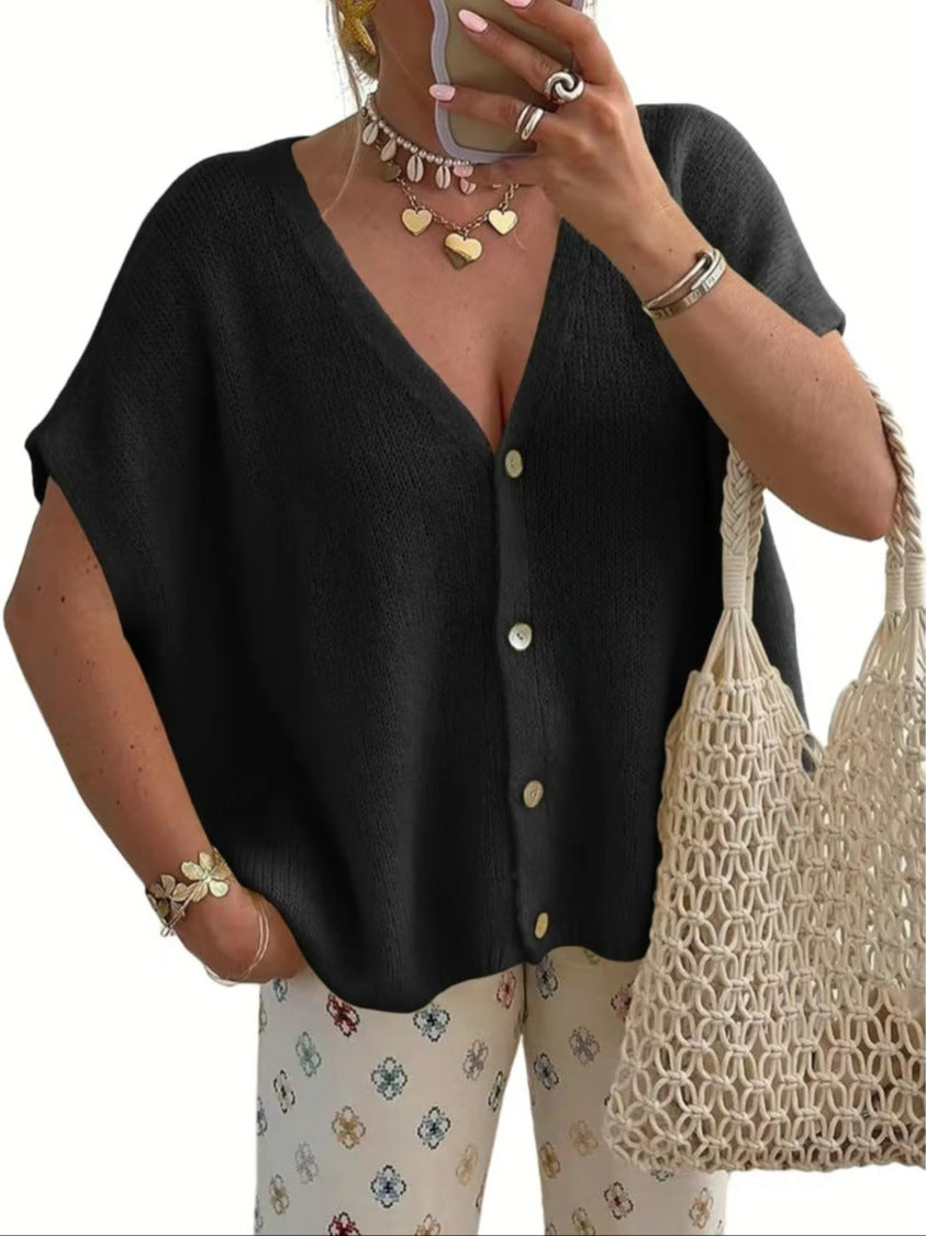 Black women's relaxed V-neck button front knit cardigan