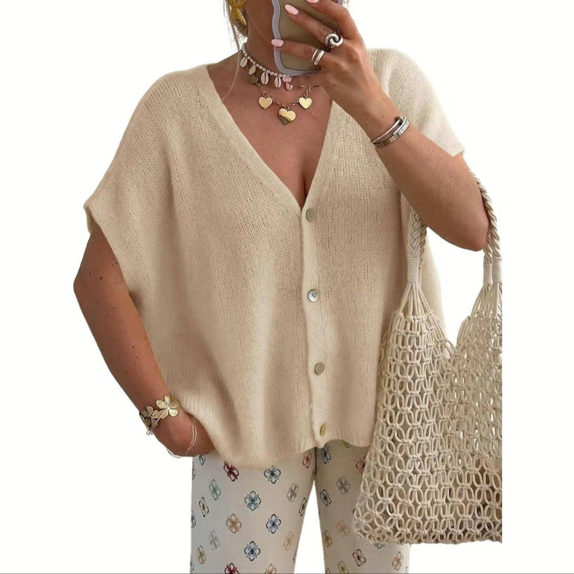 Khaki women's relaxed V-neck button front knit cardigan