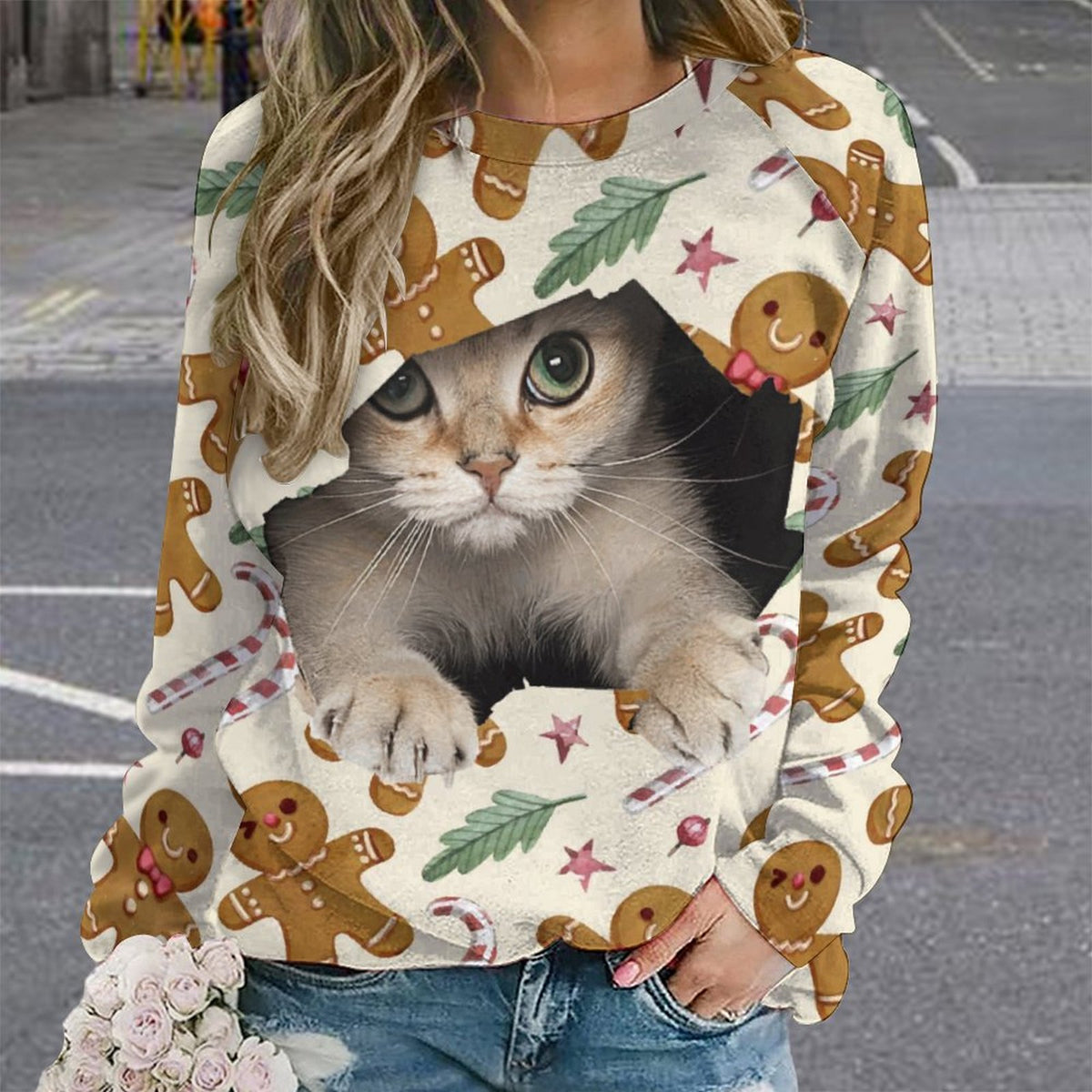 Christmas cat sweatshirt outdoor lifestyle view