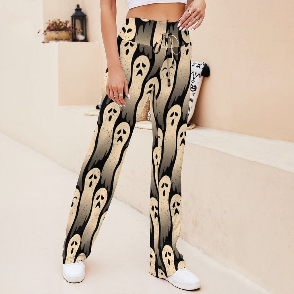 Black Halloween ghost-print straight-leg pants outfit view