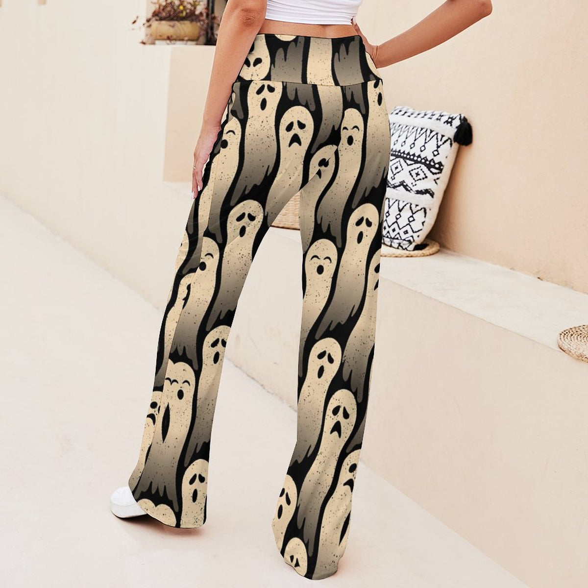 Cream ghost pattern stretch pants front styling