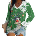 Women's green patchwork reindeer Christmas V-neck long-sleeve top